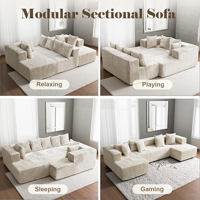 130'' U Shaped Couched for Living Room Cloud Modular Sectional Couch with 2 Chaise Lounge Modern Minimalist Upholstered Sofa Sleeper Deep Seat Corner Couch No Assembly Required Beige