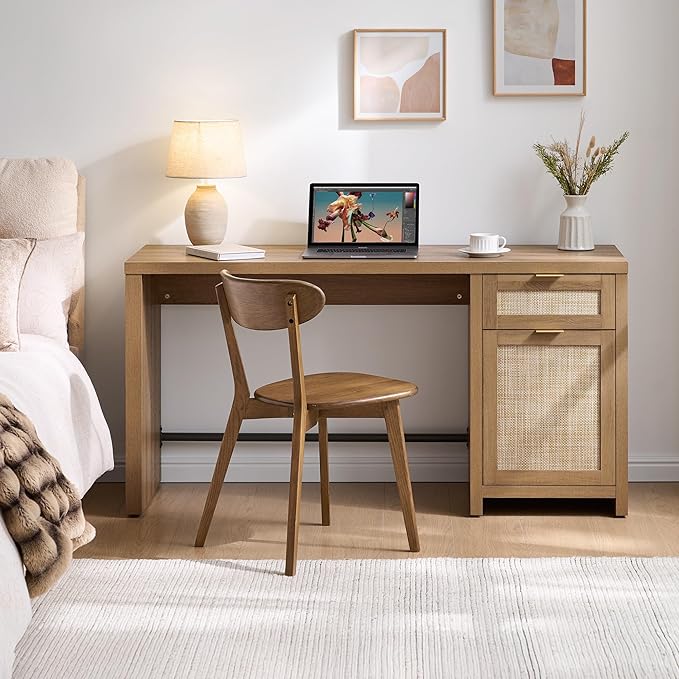 SICOTAS Rattan Home Office Desk 2 Pieces Farmhouse Boho Executive Desk with Storage Cabinets and Drawers Larger Writing Desk for Office Study Living Room Oak