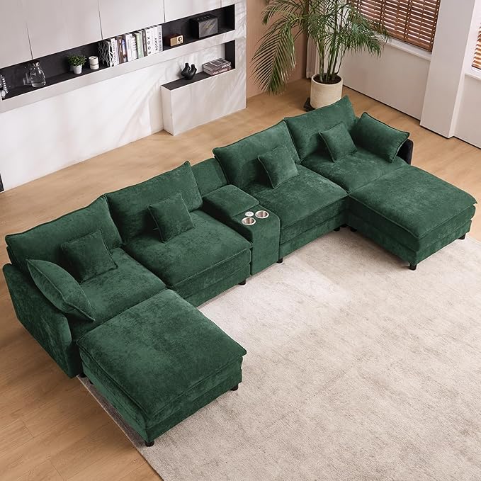 145 Oversized Modular Sectional Sofa U Shaped Cloud Couch 6 Seat Sofa Set for Living Room Comfy Fluffy Chenille Deep Seat with Storage Central Console Movable Ottomans Cup Holders USB Ports Green