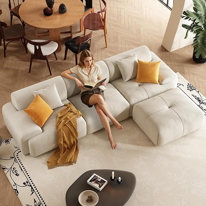 113 Modern L-Shaped Modular Sectional Sofa for Living Room Corduroy Upholstery Beige 3-Seater Cloud Couchand Movable Ottoman – No Assembly Beige