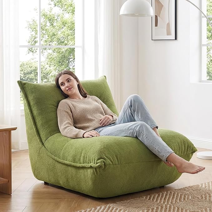 Chaise Lounge Chair - Modern Single Seater Floor Sofa with Pillow Memory Foam Filled Compressed Sofa for Bedroom Game Living Room - Comfortable Ergonomic Lounger No Assembly Needed Green