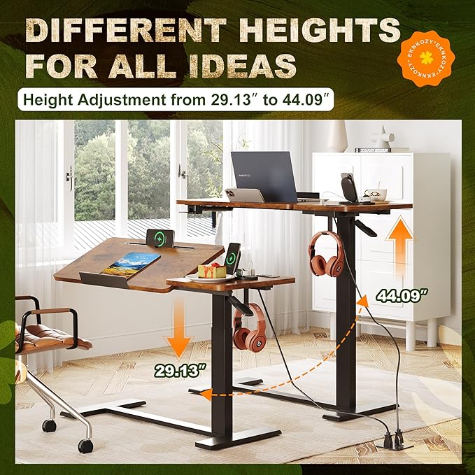 Standing Desk Medical Overbed Table with Rolling Tray and Power Outlet Dual Pneumatic Angel and Height Adjustable Desk Portable Side Table with Drawer for Home &amp Hospital Rustic Brown