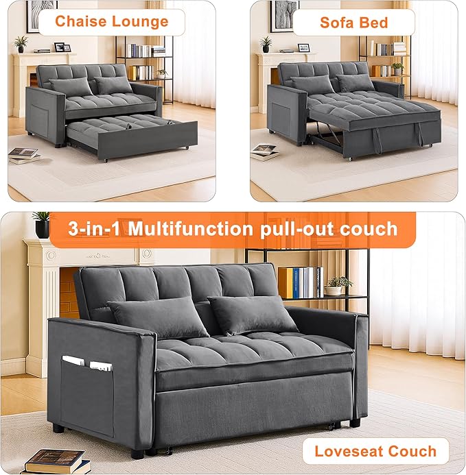 3 in 1 Convertible Sleeper Sofa BedFuton Loveseat Couch with Pull-Out Bed &amp Adjustable BackrestVelvet Fabric Sofa with Side Pocket for Small Apartment Living Room Office (Dark Grey)