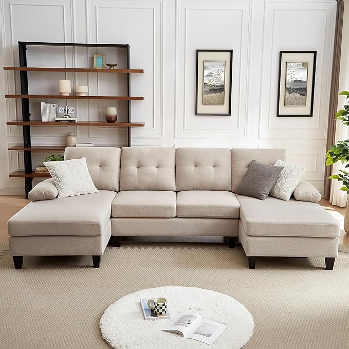 111 Sectional Couch for Living Room Modern Polyester Fibre U Shaped Sofa Couches with Double Chaise Upholstered 4 Seater Sofa for Living Room Apartment Office Beige