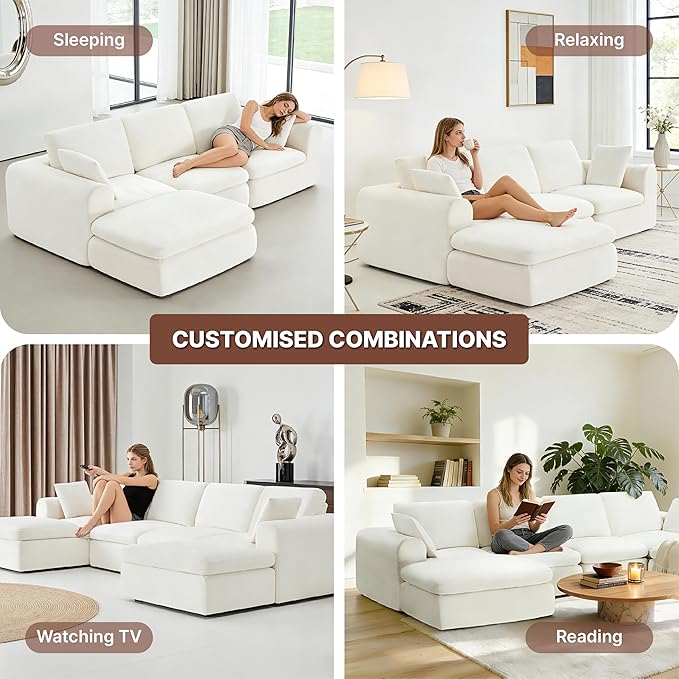 108 Boneless Cloud Couch Sectional No Assembly Required Modular Sofa with Deep Seat for Living Room L Shaped Couch with Ottoman Snowflake Fabric and Memory Sponge White