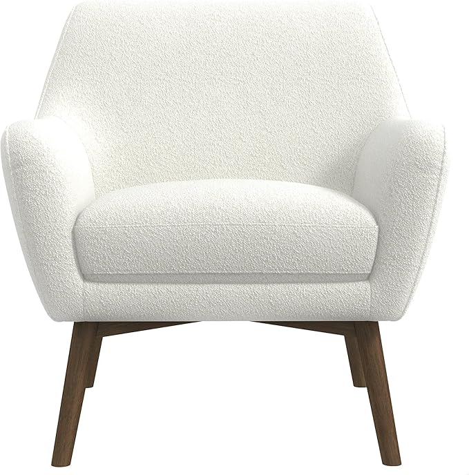 GDFStudio Mid-Century Modern Comfy Accent Chair Upholstered Boucle Lounge Vanity Chair with Rectangular Back and Solid Wood Legs Armchair Sofa Chair for Bedroom Living Room Makeup White &amp Brown