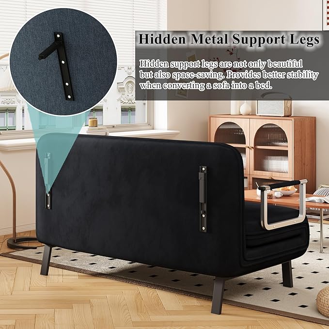 Convertible Sofa Bed Full Size Velvet Tri-Fold Sofa Bed with 6-Position Adjustable Backrest Multi-Functional Folding Chaise Lounge Couch for Home Office 55 W x 74.8 L Black
