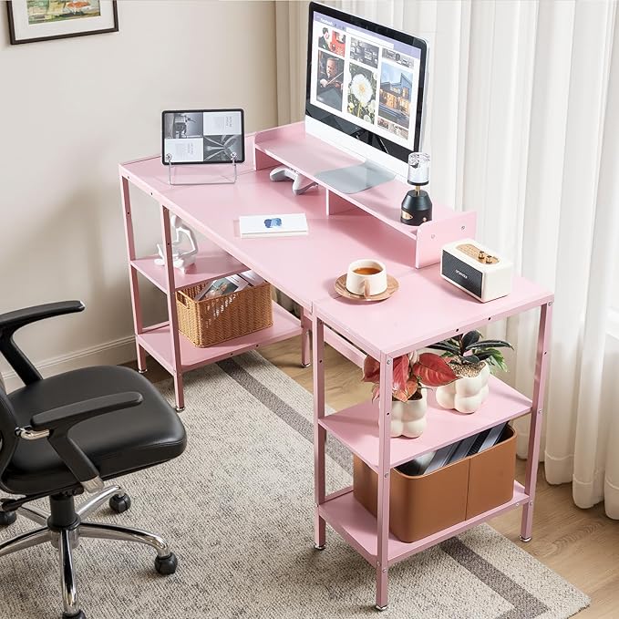 Computer Desk 55-inch with Storage Shelf - Pink Ideal Gaming Desk for Bedrooms Small Spaces and Home Offices Modern Writing Desk for PCs.
