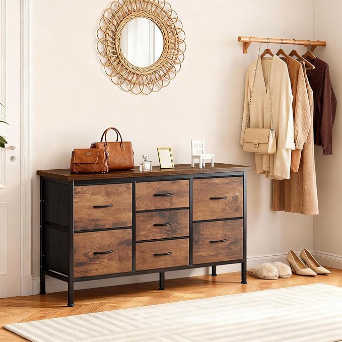 DUMOS TV Stand 7 Drawer Dresser for Bedroom with Storage TV Stands for Living Room Grey Farmhouse Entertainment Center Media Console Table with Metal Frame Adjustable Feet
