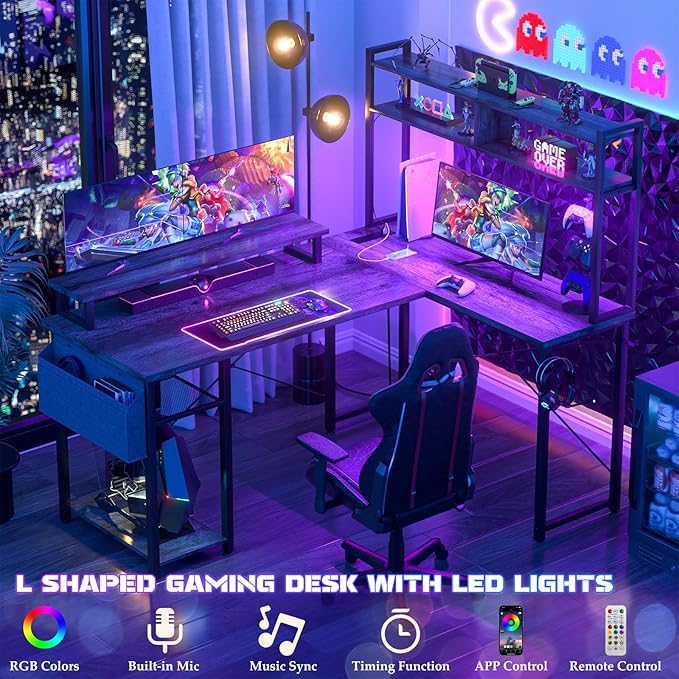 Aheaplus Small L Shaped Gaming Desk with LED Lights &amp Power Outlets Reversible L-Shaped Computer Desk with Monitor Stand &amp Storage Shelf Corner Desks Home Office Desk with Storage Bag Grey