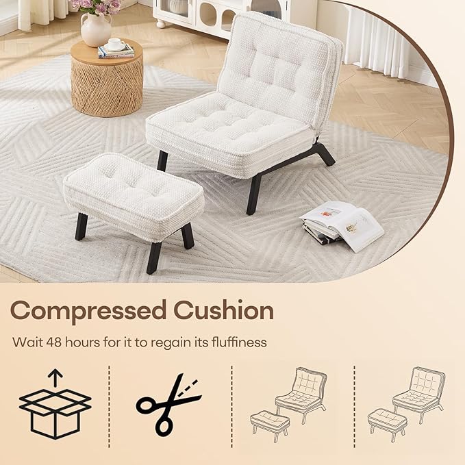 ANJ 3-Position Adjustable Accent Floor Chair with Ottoman Ergonomic Stable Lounge Chairs for Adults Thick Cushioned Comfy Reading Chair with Footrest for Living Room Bedroom White