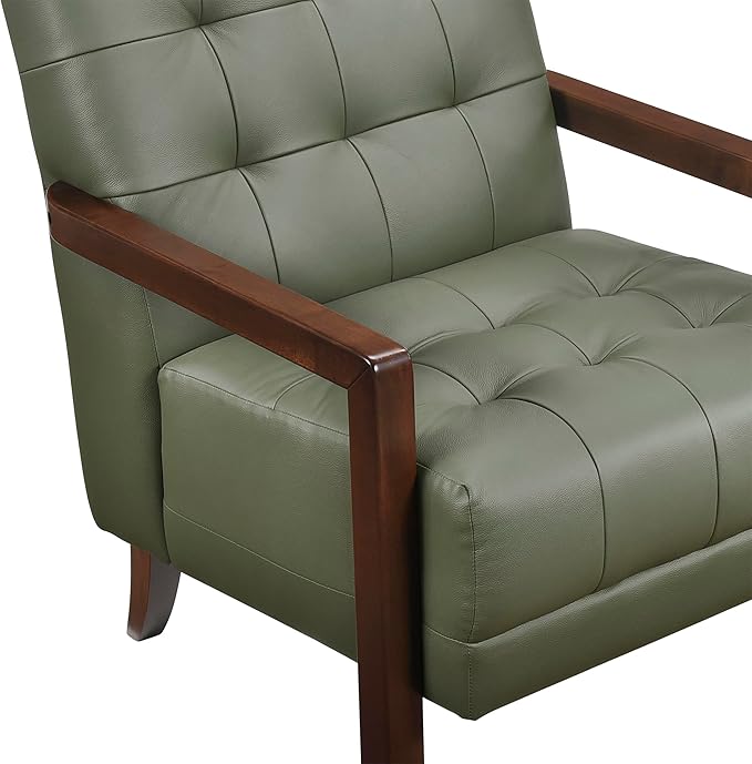 Lexicon Modern Accent Chair Luxury Genuine Leather Match Living Room Chair with Tufted Cushions Solid Wood Frame and Arm Rest Comfy Upholstered Single Seat for Bedroom/Reading/Office Green