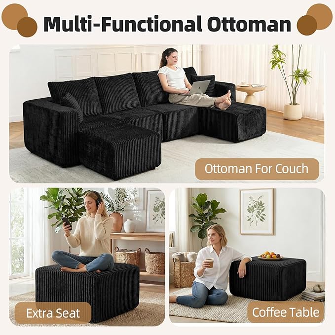 Modular Sectional Sofa Ottoman for Couch Boneless Sectional Couch Ottoman for Living Room Bedroom Apartment Office No Assembly Require Black