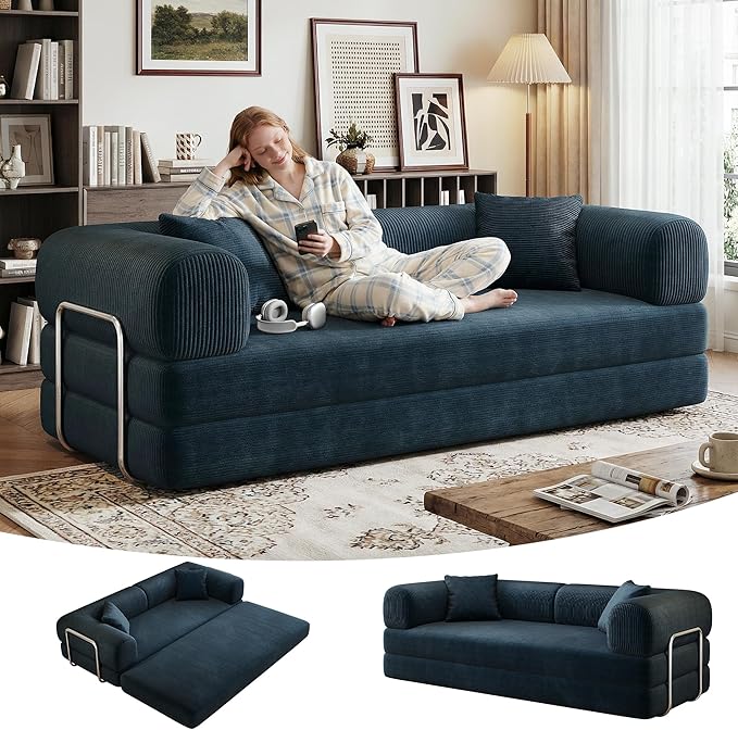 4‑in‑1 Futon Sleeper Bed Queen 78Inch Convertible Floor Sofa Couch with L‑Shaped Armrests Space-Saving Sofa Bed Foldable Mattress Lounge for Living Room Bedroom