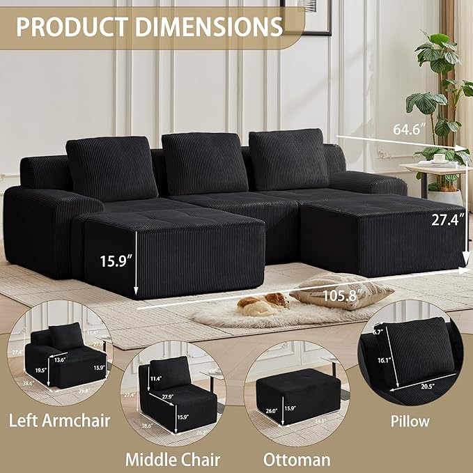 Modular Sectional Sofa with Movable Ottoman 3 Seat Deep Seat Couch with 3 Pillows Comfy Cloud Sectional Sofa for Living Room Bedroom and Apartment (Black 1 Left+1 Right+1 Middle+2 Ottoman)