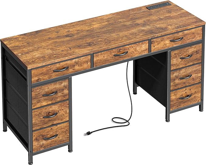 PRAISUN 54 Inch Office Desk with Outlets Computer Desk with 9 Fabric Drawers Writing Gaming Work Study Desk for Bedroom Living Room Home Office Large Storage Rustic Brown