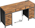 PRAISUN 54 Inch Office Desk with Outlets Computer Desk with 9 Fabric Drawers Writing Gaming Work Study Desk for Bedroom Living Room Home Office Large Storage Rustic Brown