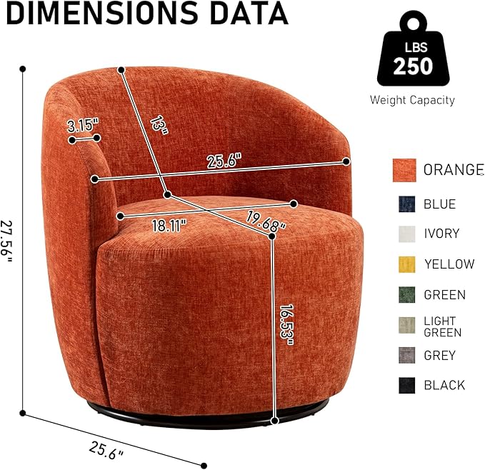 Modern Orange Chenille Swivel Accent Chair 360 Degree Round Bucket Chair Comfortable Arm Chair for Living Room Bedroom Nursery