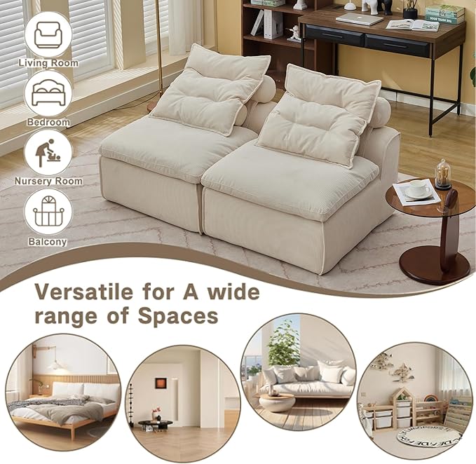 2 Seats Modular Sectional Couches with Neck Pillow &amp Backrest Corduroy Armless Upholstered Loveseat Sofa Chair for Living Room Apartment At Will DIY (Beige)