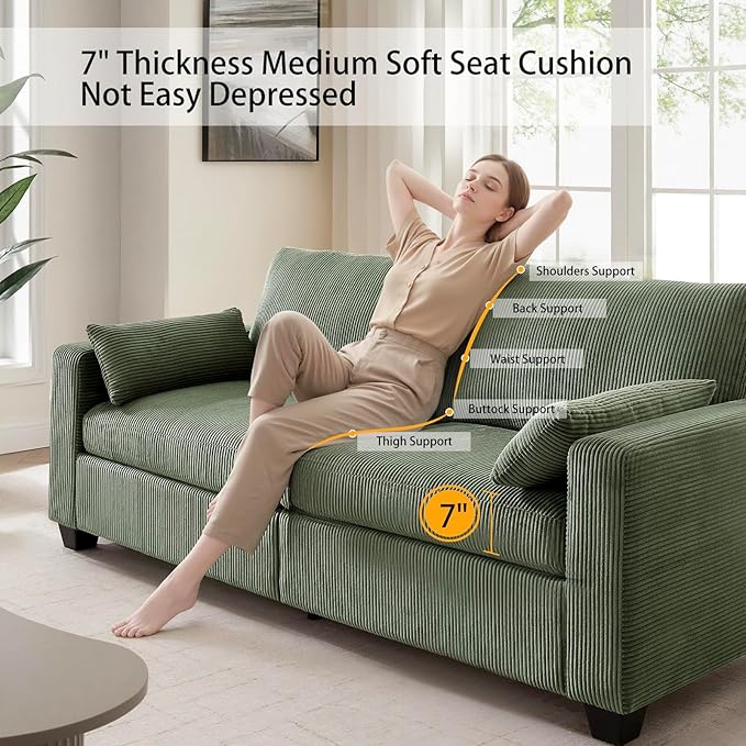 Modern Loveseat Sofa for Living Room Removable Cover Spring Cushions Solid Wood Frame Wide Armrest Corduroy Fabric Recliner Couches for Small Space (Green Corduroy 81 inch)