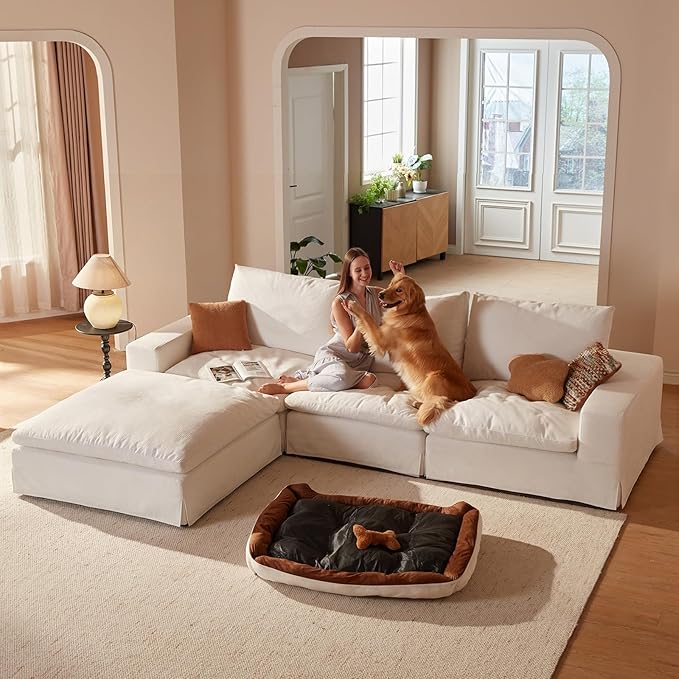 Cloud Couch Sectional Oversized Modular Sofa with 35'' Deep Seat Boneless Couch L-Shape Comfy Sofa Stain-Resistant White Sectional Couches for Living Room Apartment 3 Seater + 1 Ottoman