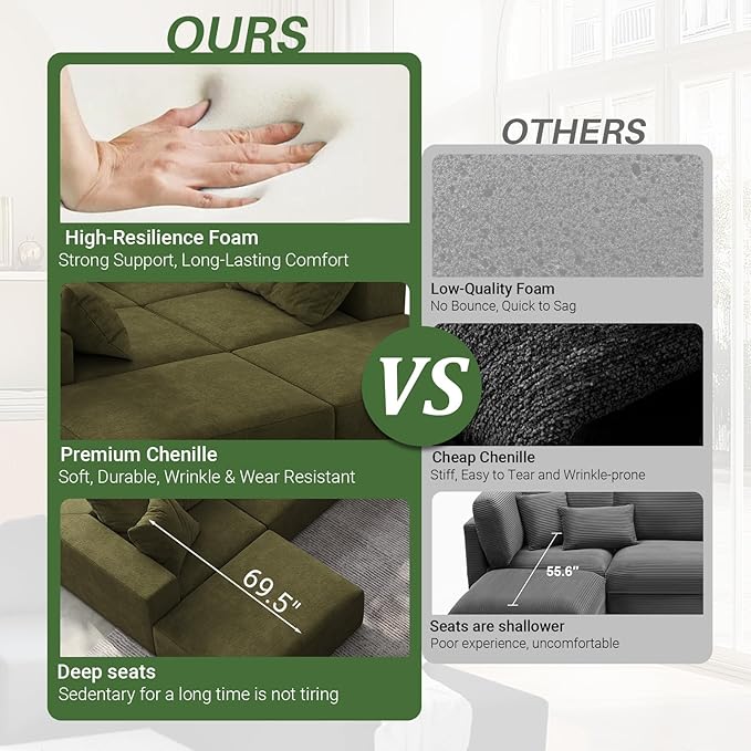 162 Oversized Cloud Couch Upholstered Modular Sectional Sofa with 6 Pillows Deep Seat Chenille Couches for Living Room Free Combination No Assembly Required (Green)