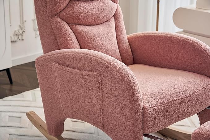 Rocking Chair with Foot Rest Nursery Glider Teddy Gliding Rocking Chair with Retractable Footrest Rubber Wood Legs Side Pocket High Back &amp Wide Seat Nursing Chair for Living Room (Pink)