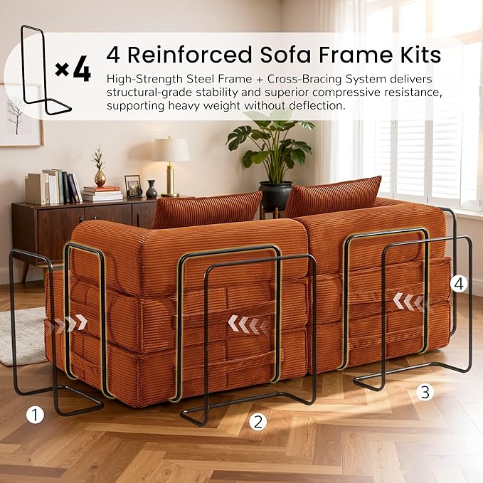 6-in-1 Convertible Sleeper Sofa Bed Corduroy Folding Mattress Couch with Fixed-Shape Frame Modular Foldable Boneless Couch Loveseat Couches with 2 Pillows for Living Room Bedroom Orange