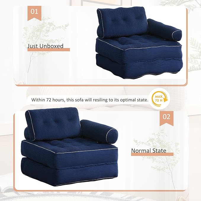 Plus Futon Sofa Bed for Small Spaces Floor Couch with Armrest Folding Sofa Couch Convertible Sleeper Chair Bed with Pillow Portable Comfy Floor Lounge for Living Room and Bedroom Blue
