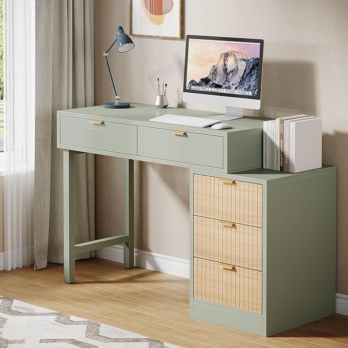 Tribesigns Computer Desk with 5 Drawers Reversible Small Writing Desk with Storage Modern Wooden Study Table Office Workstation for Home Office Small Spaces Mint Green