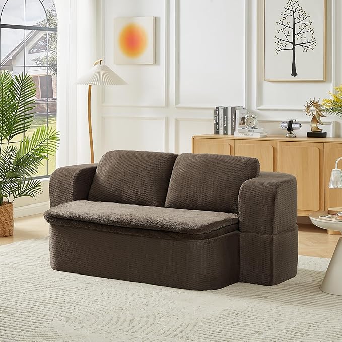 2-in-1 Convertible Sofa Bed 74.8 Memory Foam Boneless Couch Bed Full Size Love Seat Sleeper Sofa Floor Couch Loveseat with 2 Pillows for Living Room Bedroom Apartment Office No Assembly Brown
