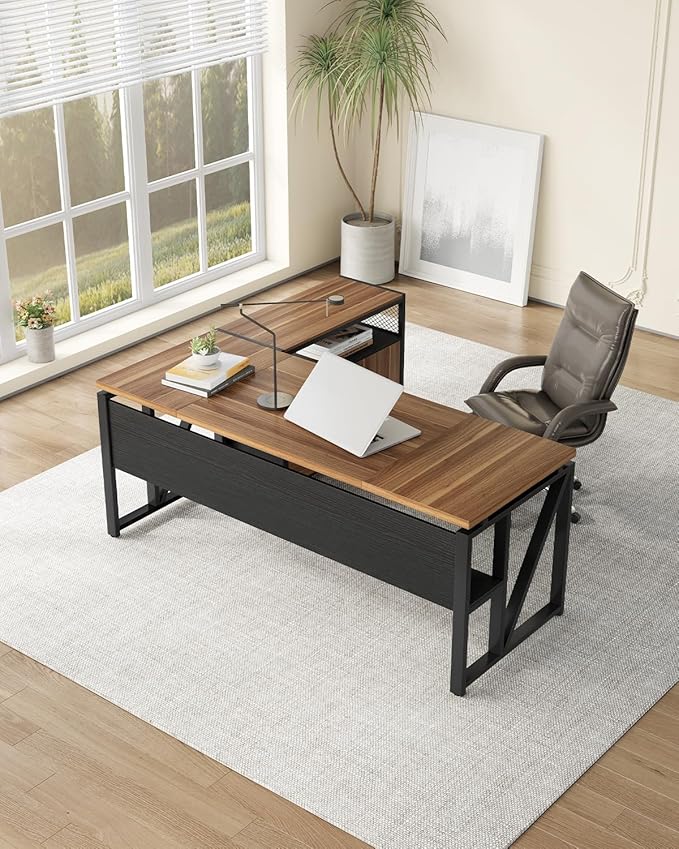 LITTLE TREE 63 L Shaped Executive Computer Desk and Drawer lateral File Cabinet Dark Brown