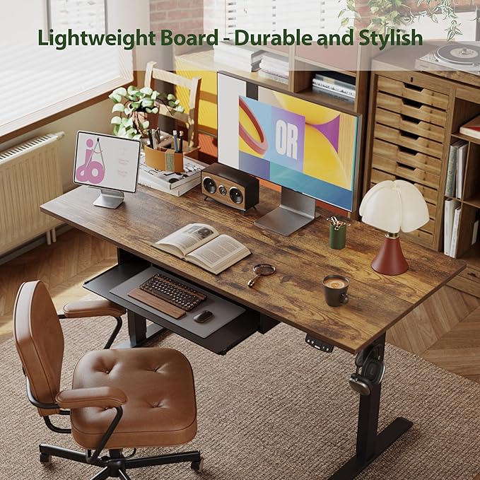 Agilestic Height Adjustable Desk with Keyboard Tray 55 x 24 Inches Electric Standing Desk with Memory Preset Stand up Computer Table Lightweight Board Dark Brown