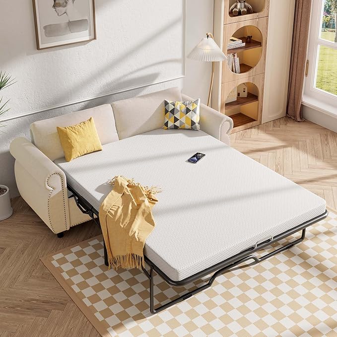 2 in 1 Pull Out Sofa Bed Queen Size Sleeper Sofa Guest Bed with 4 Foldable Memory Foam Mattress &amp Nailhead Armrests Linen Modern Convertible Couch for Home Apartment Office - Beige