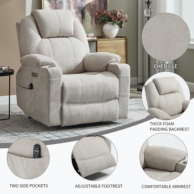 Chenille Electric Power Lift Recliner Chair Massage Single Sofa with Vibration Massage and Lumbar Heating Ergonomic Lounge Couch with Cup Holders and USB Charge Port for Living Room (Beige)