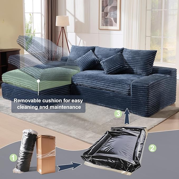 Modern Cloud Sectional Couch with L-Shape Chaise Modular Boneless Sofa with Deep Seat Comfy Plush Upholstered Couches for Living Room Apartment No Assembly Required Corduroy Blue
