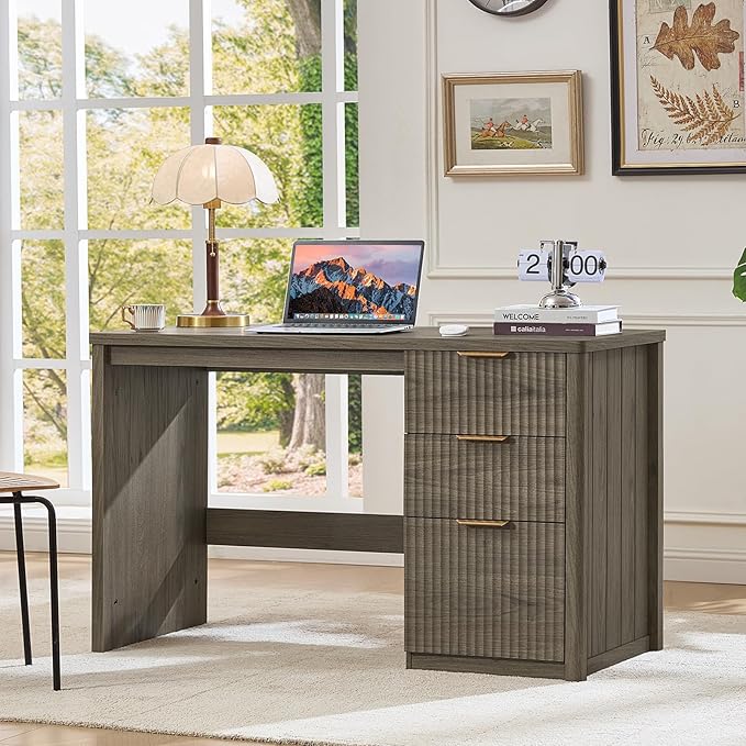 LEYAOYAO Office Desk 48 with 3 Drawers Storage File Cabinet Wood Fluted Desk for Computer Office Bedroom Home Furniture Grey