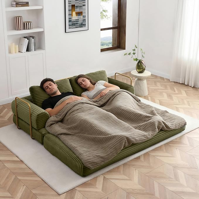 80 Convertible Sofa Bed Modern Corduroy Sleeper Sofa Folding Floor Couch with Golden Fixed-Shape Frame Green Boneless Loveseat Sofas Bed for Living Room Bedroom No Assembly Needed