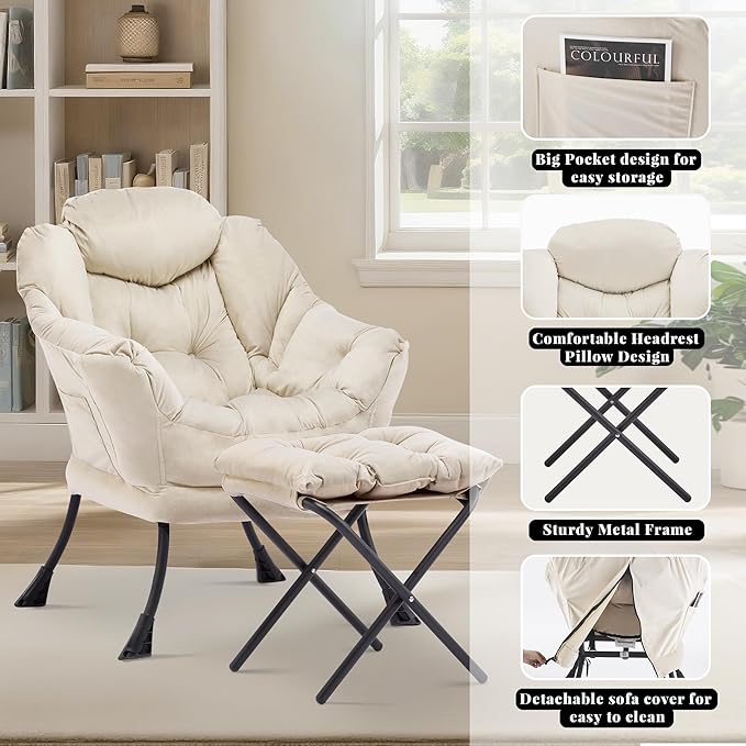 Lazy Chair with Ottoman Comfy Accent Lounge Chair with Side Pocket Modern Reading Armchair with Footrest Upholstered Sofa Chair for Small Spaces Bedroom Living Room Dorm Beige