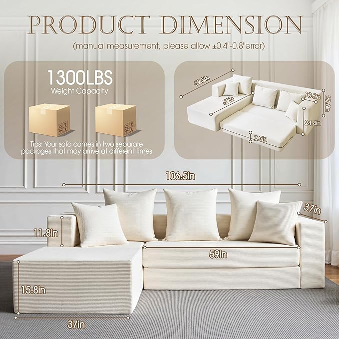 YINIX 106 Modular Sectional Sofa Modern Cloud Couch with L-Shape Chaise Upholstered Boneless Couches with Deep Seat Comfy Corduroy Sofa for Living Room Bedroom No Assembly (Beige)