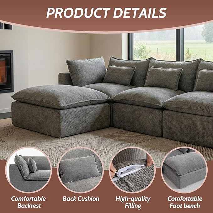130 Oversized Cloud Sectional Sofa U Shaped Boneless 4-Seater Modular Couch with Ottoman Extra Deep Seat Compressed Foam Sofa for Living Room Gray