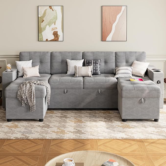 IDEALHOUSE U-Shaped Couches for Living Room Sofa Bed for Living Room with Reversible Storage Chaises and Hidden Storage Armrests Cup Holders and USB Charging Ports Included Light Grey
