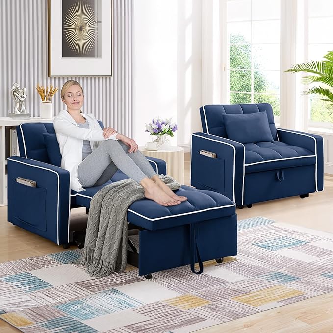 Antetek Convertible Sleeper Chair Bed 3 in 1 Modern Velvet Pull Out Sofa Bed Small Tufted Single Sleeper Chair with Adjustable Backrest/Pillow for Living Room Small Spaces Apartment Office Blue