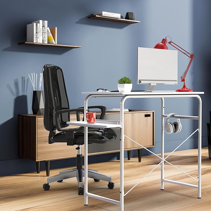 SHW Small Gaming Home Office Computer Desk with Shelf White
