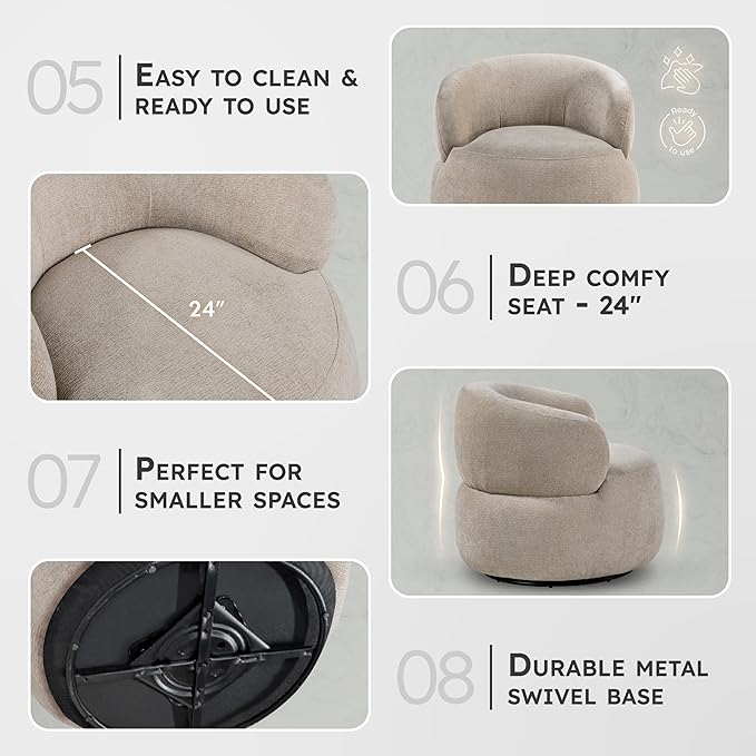 Lexicon Modern Barrel Swivel Accent Chair - Upholstered Soft Chenille Fabric with Metal Base 360 Degree Round Swivel Accent Chair for Living Room Bedroom Office No Assembly Required Light Brown