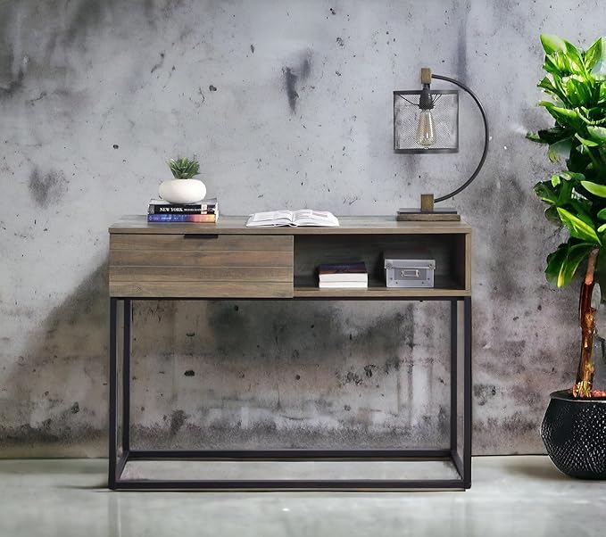 Penau Rustic Oak Writing Desk with Black Metal Legs Compact Home Office Desk Modern Industrial Style Ample Storage Space
