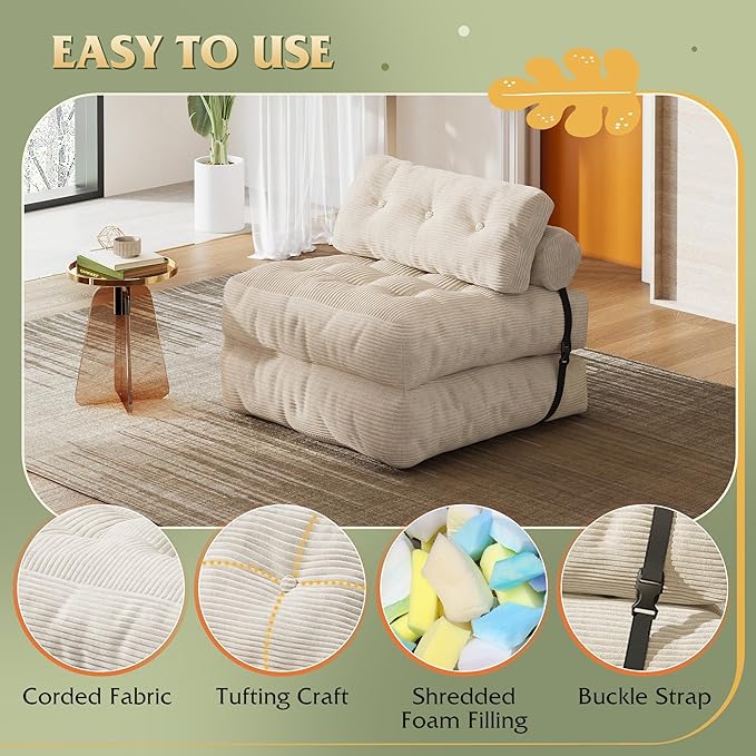 WLIVE Folding Sofa Bed for Living Room Boneless Chair Folding Chair Bed Bean Bag Chairs for Adults Pull Out Sofa Bed Dorm Bedroom Beige
