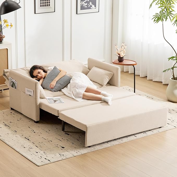 Furnimart 62 Queen Sleeper Sofa 3 in 1 Convertible Loveseat Sleeper Pull Out Sofa Bed with 6-Position Adjustable Backrest Modern Futon Couch for Living Room Apartment RV Linen Beige