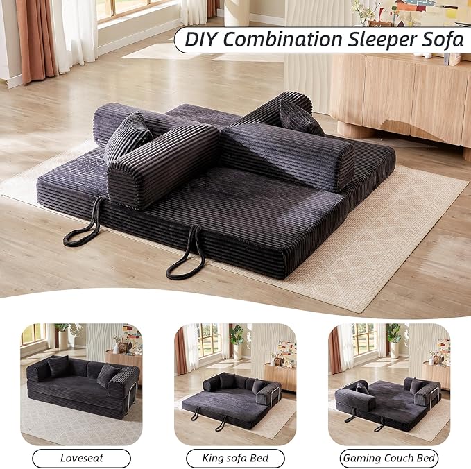 4-in-1 Convertible Folding Sleeper Sofa Bed Plush Corduroy Foldable Mattress Couch with Fixed-Shape Frame Floor Compressed Sofa for Living Room Bedroom (Dark Grey)