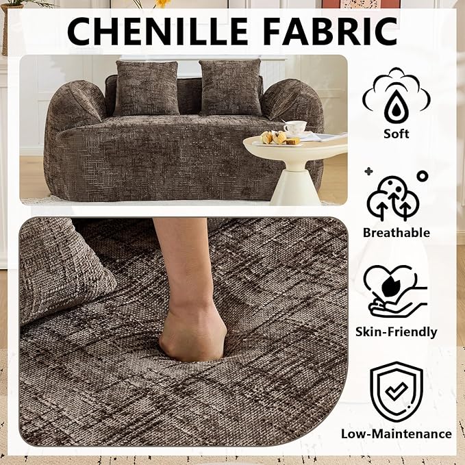 67 Curved Loveseat Sofa with 2 Pillows Modern Boneless Couch in a Box Small Cloud Loveseat for Bedroom Small Space Apartment Living Room Memory Foam Chenille No Assembly (Brown)
